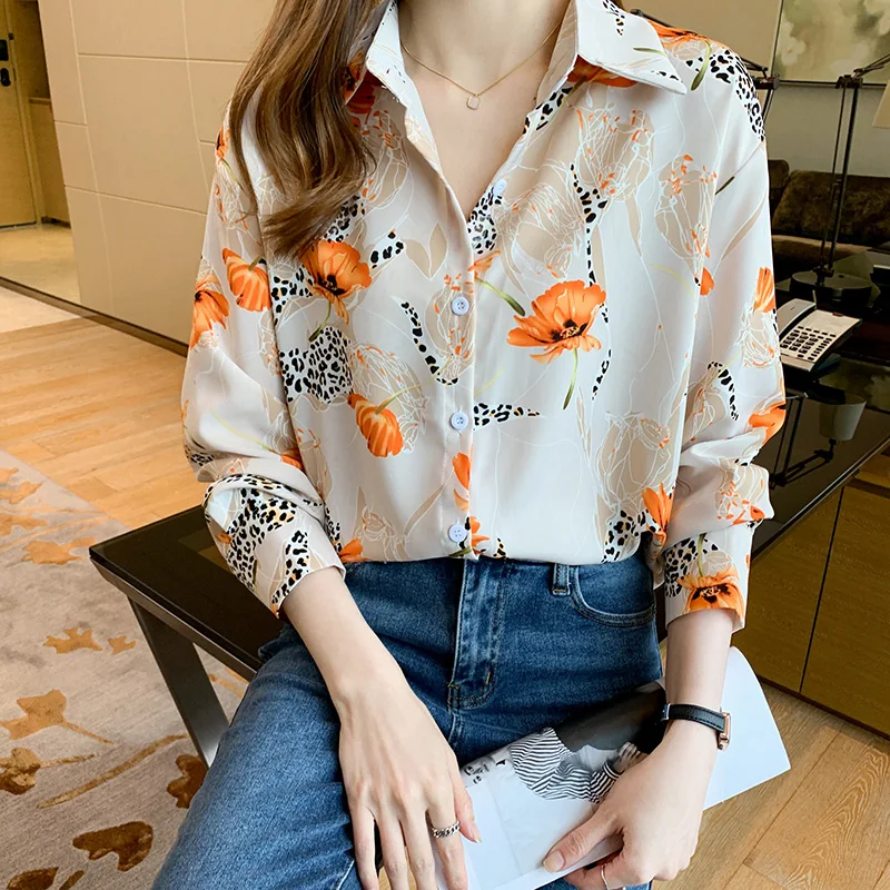 Spring Women Shirt Korean Fashion Personalized Floral Printing Long-sleeved Shirt Ladies Loose Tops 