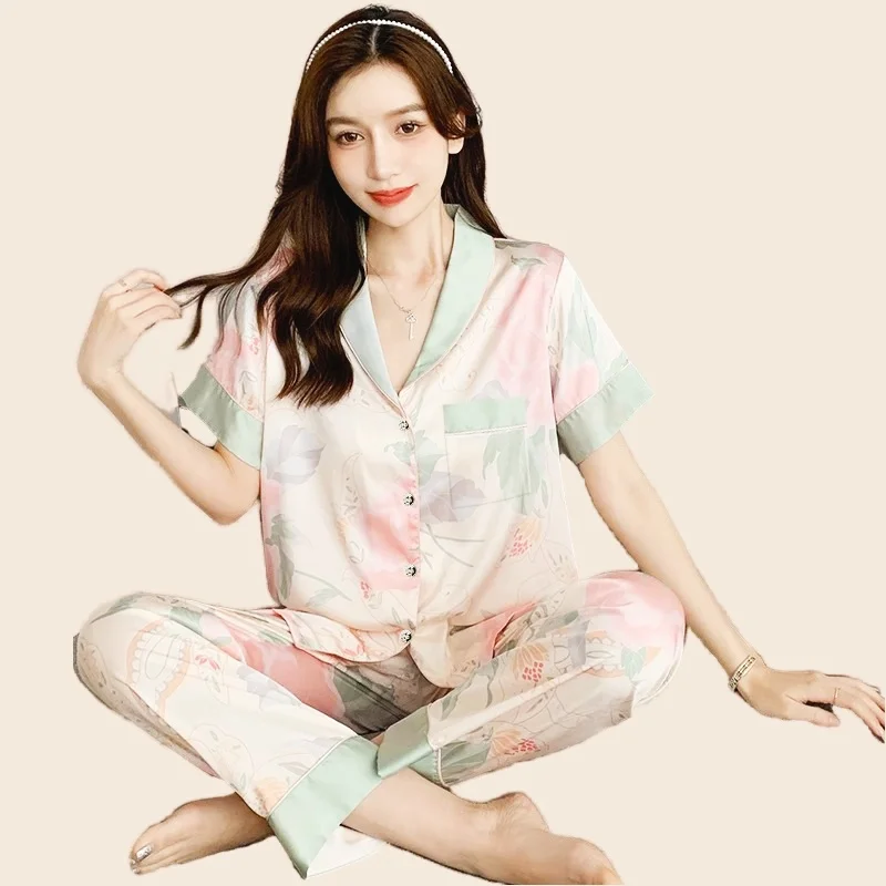 Pajamas For Women Rayon Pajama Pants Sexy Flower Print Nighty Short Sleeve T-Shirt Long Pants 2Piece/Set Homewear Cozy Big Size