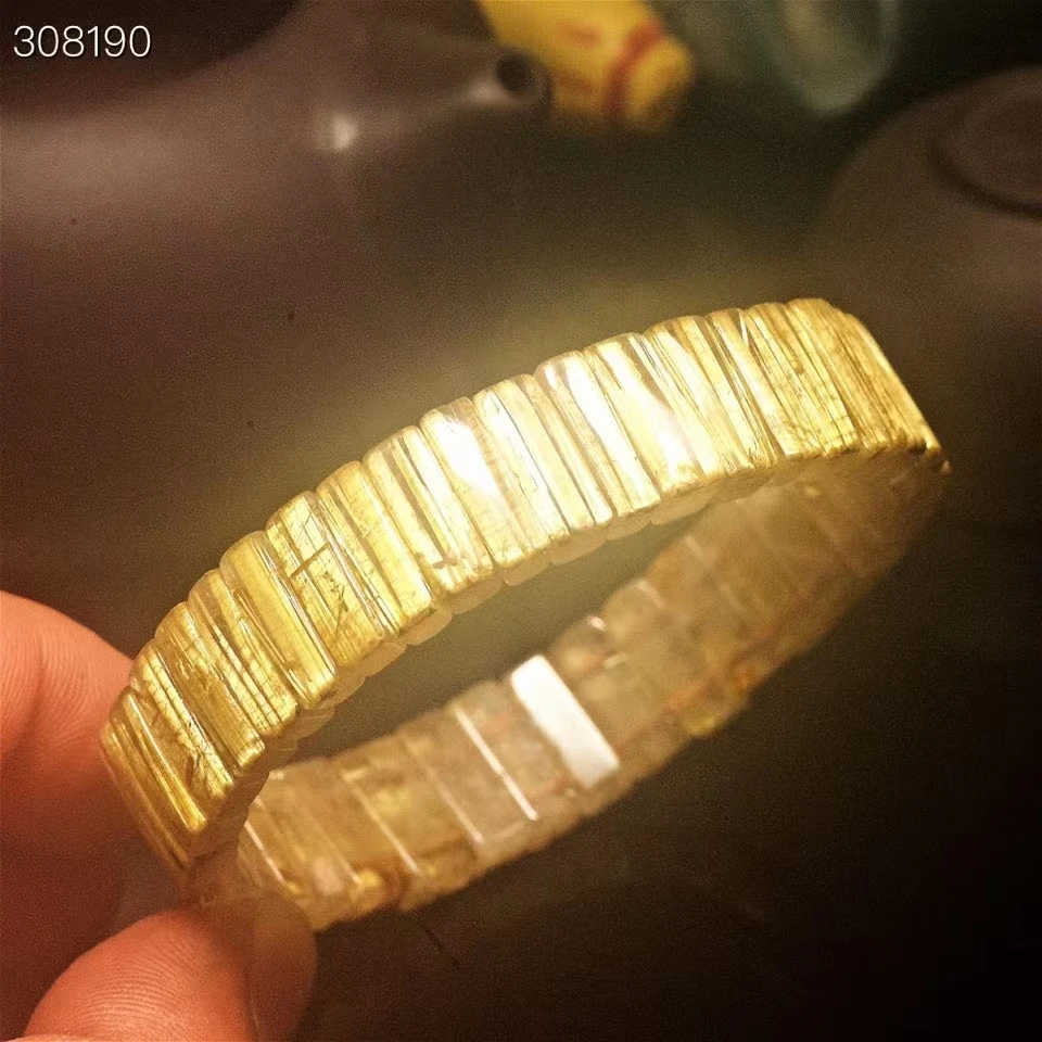 

Natural Gold Rutilated Quartz Bracelet Brazil Woman Man 13.8*5.5mm Clear Rectangle Beads Bangle Wealthy AAAAAA
