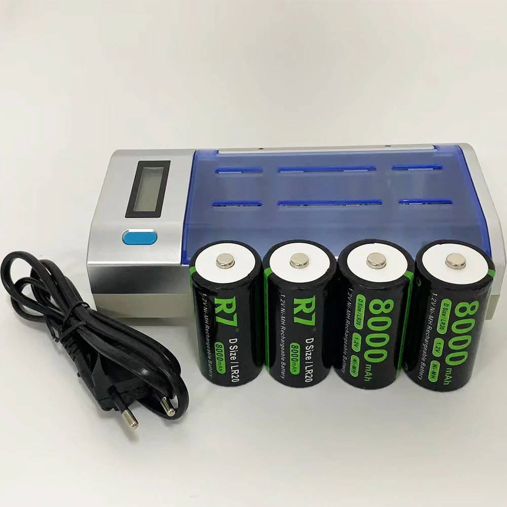 

R7 R20 D Size Battery 8000mAh 1.2V NI-MH Rechargeable D Batteries lr20 for Flashlight Gas Cooker with LCD Quick Charger