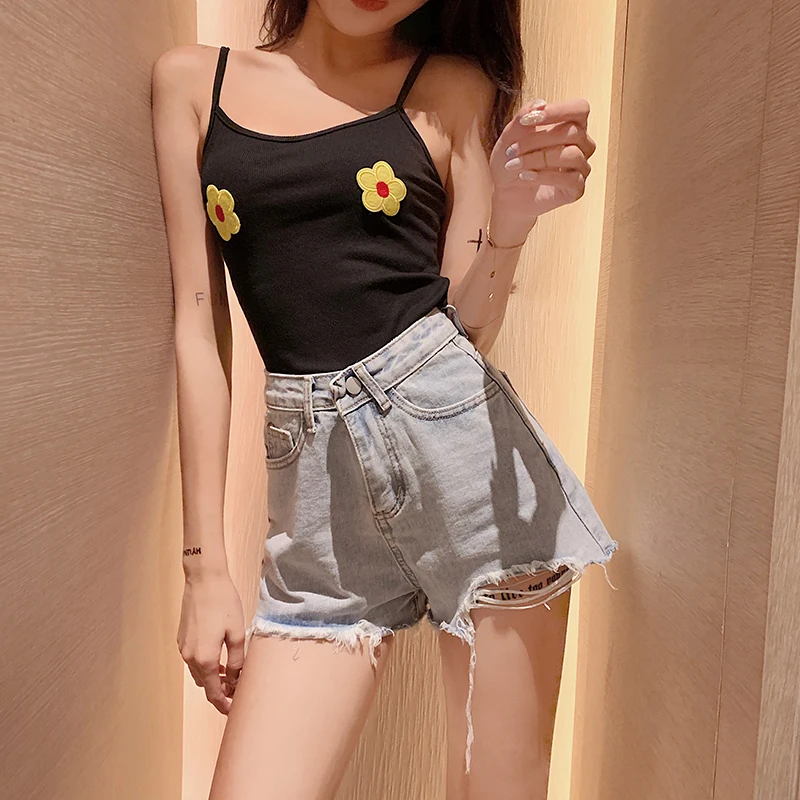 2021 Female Fashion Pocket Irregular Jeans Shorts Womens Korean Cute Tassel High Waist Shorts Loving Heart Printed Denim Shorts