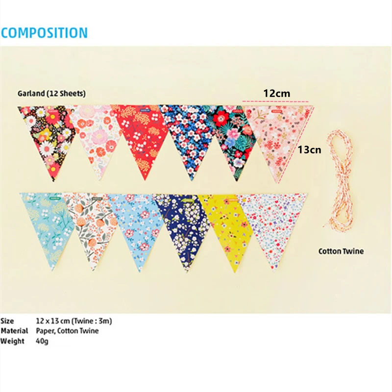 

Бумажные флажки с цветочным принтом 12 шт.