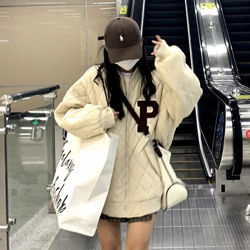 Winter Clothes Women New High Street Ringed Cotton Jacket Letter Vintage Coat Women's Fall Winter Padded Baseball Uniform