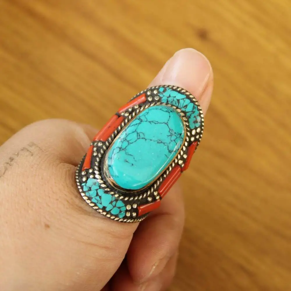 

RG366 ручной работы Непал Большие кольца для мужчин медные инкрустированные бирюзы коралловый камень большой палец кольцо новое поступление