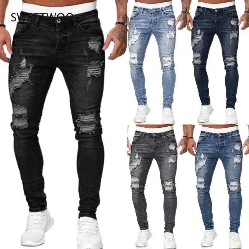 2022 Jeans Ripped Skinny Hole Trousers Stretch Slim Denim Pants Large Size Hip Hop Black Blue Casual Jogging Jeans for Men