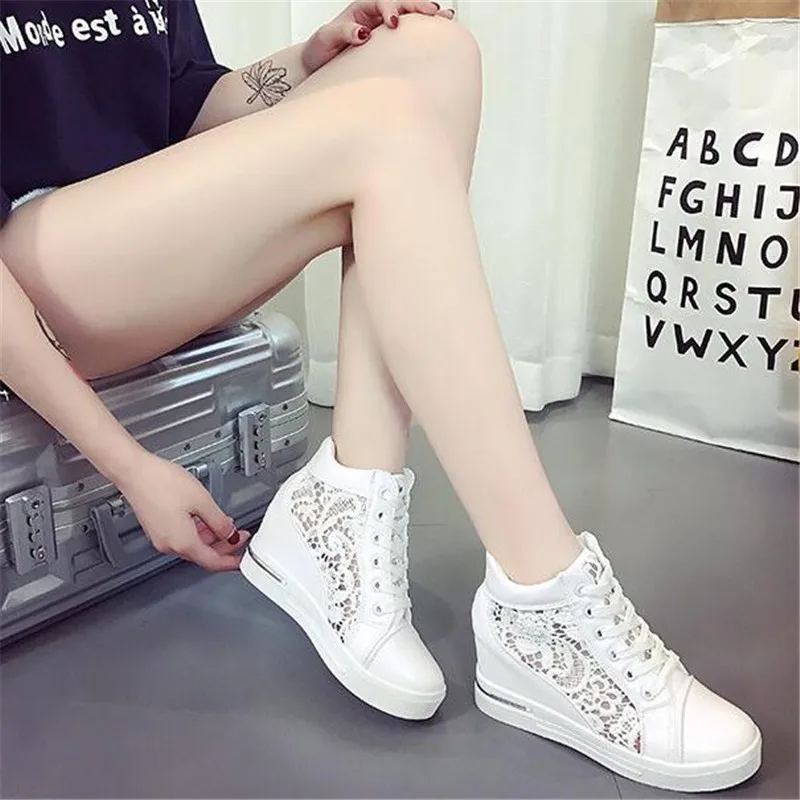 

Women Wedge Platform Sneakers Rubber Brogue Leather High Heels Lace Up Shoes Pointed Toe Height Increasing Creepers White Silver