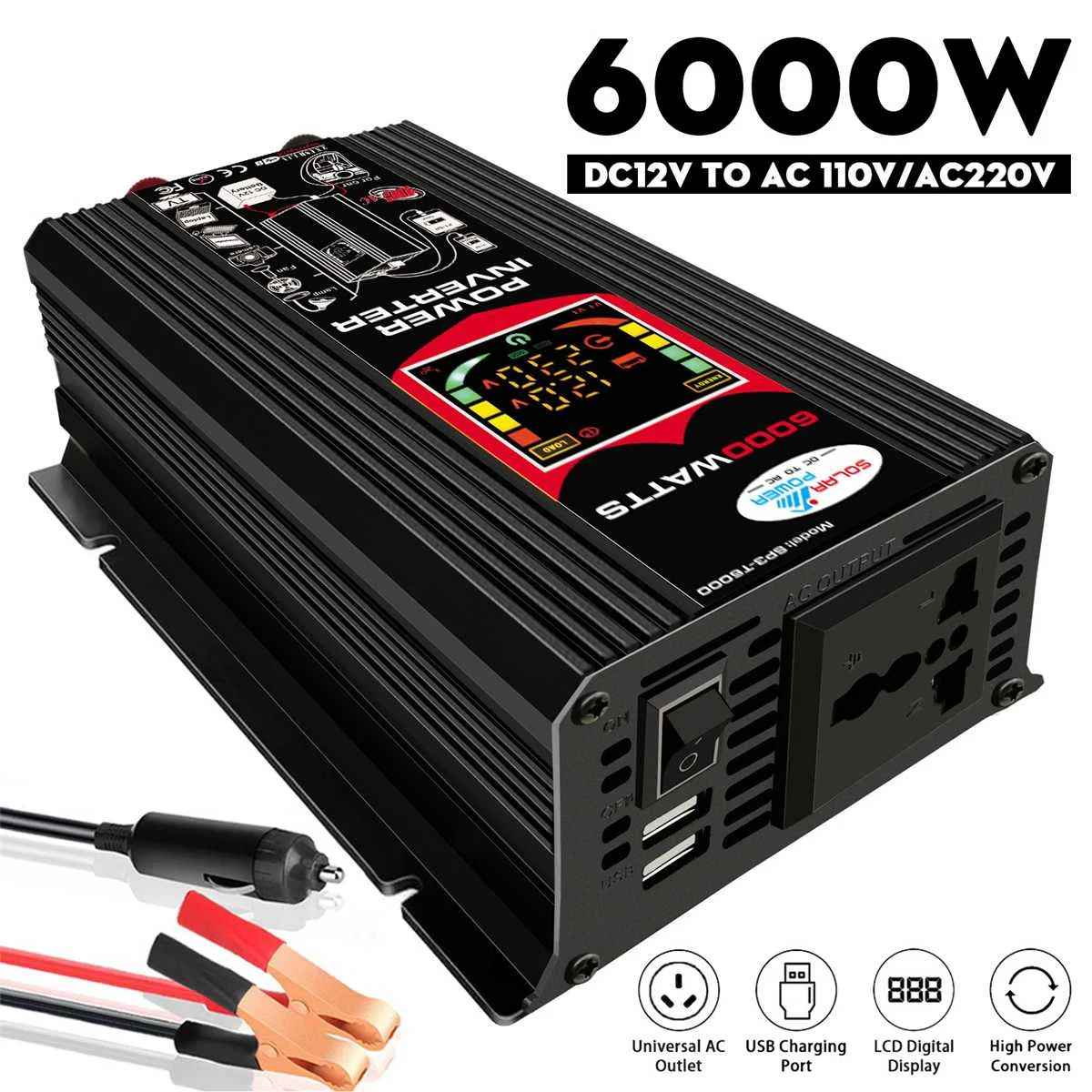 

6000W LCD Display Solar Power Inverter 12V to 110V/220V USB Modified Sine Wave Voltage Transformer Car Adapter Charge Converter