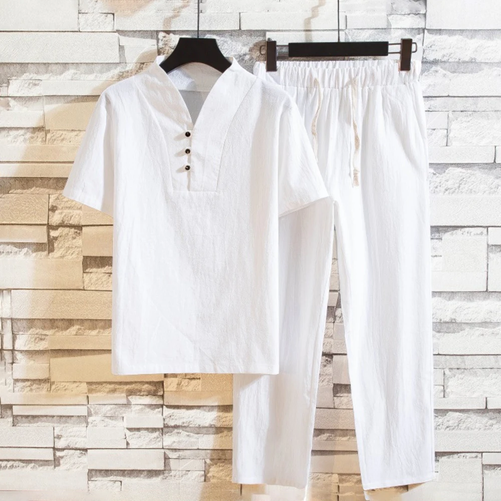 

Cotton and linen men's short sleeved T-shirt, knee length pants set, solid shirt and pants, home set, S-3XL, innovative