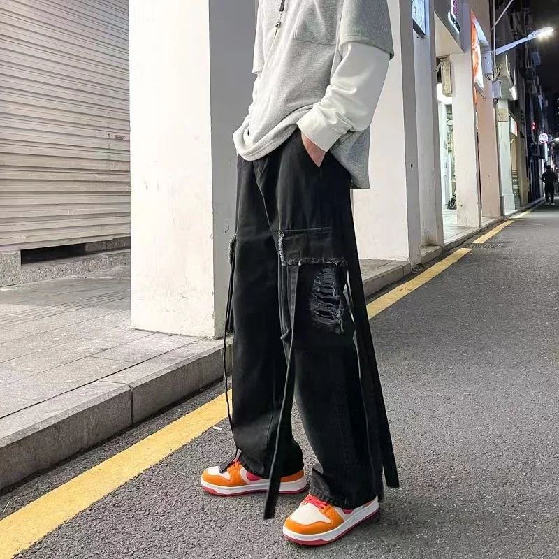 Y2K Men Vintage Streetwear Korean Baggy Ripped Jeans High Waiste Straight Wide Leg Pants Denim Trousers Joggers Male Clothes