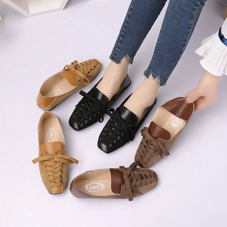 

Shoes Woman Flats Modis Square Toe Casual Female Sneakers Dress 2022 Cross Solid Slip-On Rubber PU Leisure Lace-Up Cross-tied Fa