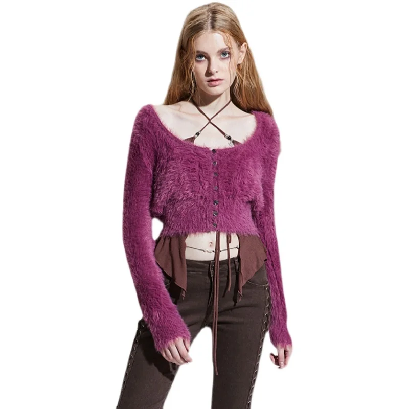 

Retro Autumn and Winter New Plush Long-Sleeved Cardigan Women's Short Slim Sweet Elegance Sweater