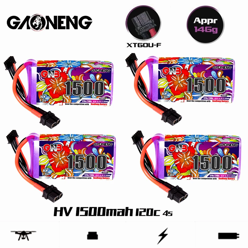 

Аккумулятор Gaoneng GNB HV Lipo с разъемом XT60, 1500 мА · ч, 15,2 в, 120C/240C для FPV гоночного дрона, радиоуправляемого квадрокоптера, вертолета, автомобиля, запчасти