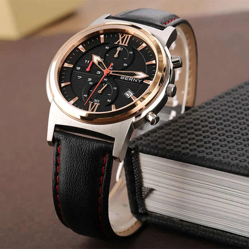 BERNY Men Watch Chronograph Luxury Quartz Sport Wristwatch Calendar Waterproof Leather Strap Male Clock Luminous Montre Homme