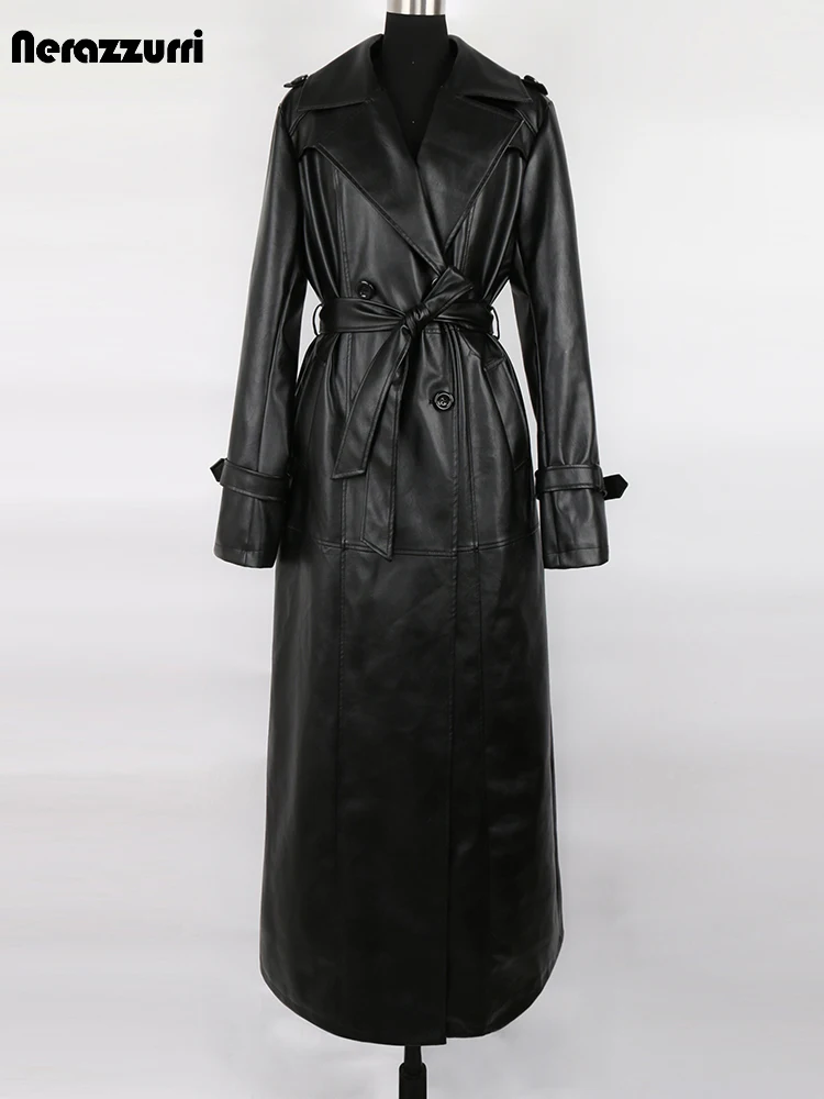 Nerazzurri Spring Autumn Extra Long Waterproof Black Soft Pu Leather Trench Coat for Women Belt Floor Length Luxury Overcoat