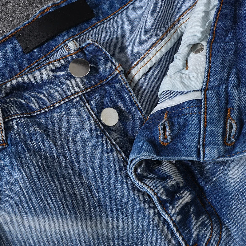 High Street Fashion Men Jeans Retro Light Blue Elastic Stretch Patched Designer Ripped Jeans Men Skinny Fit Hip Hop Brand Pants