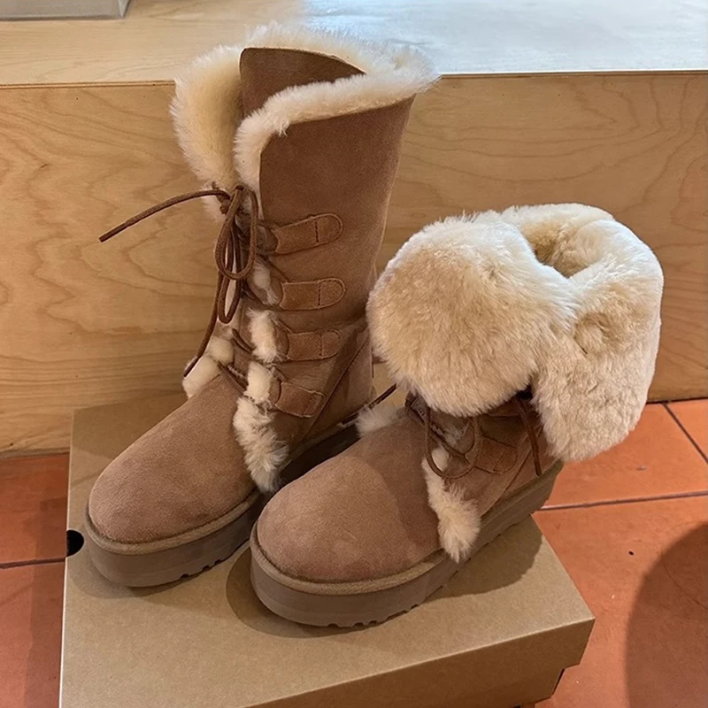 

Fur Flats Warm Shoes Women Platform Chelsea Boots 2024 Winter Fashion New Lace Up Mid Calf Boots Short Plush Cotton Snow Botas