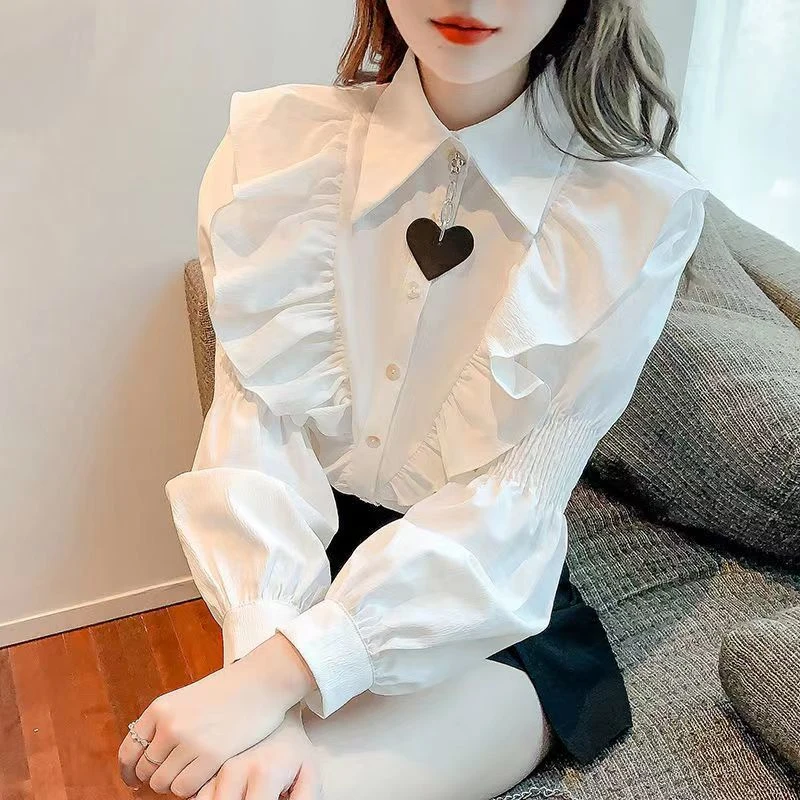 

2023 Spring Chic Top Blusas Women Elegant OL White Blue Green Long Sleeve Shirt Ruffled Turn Down Collar Shirt Casual Blouse