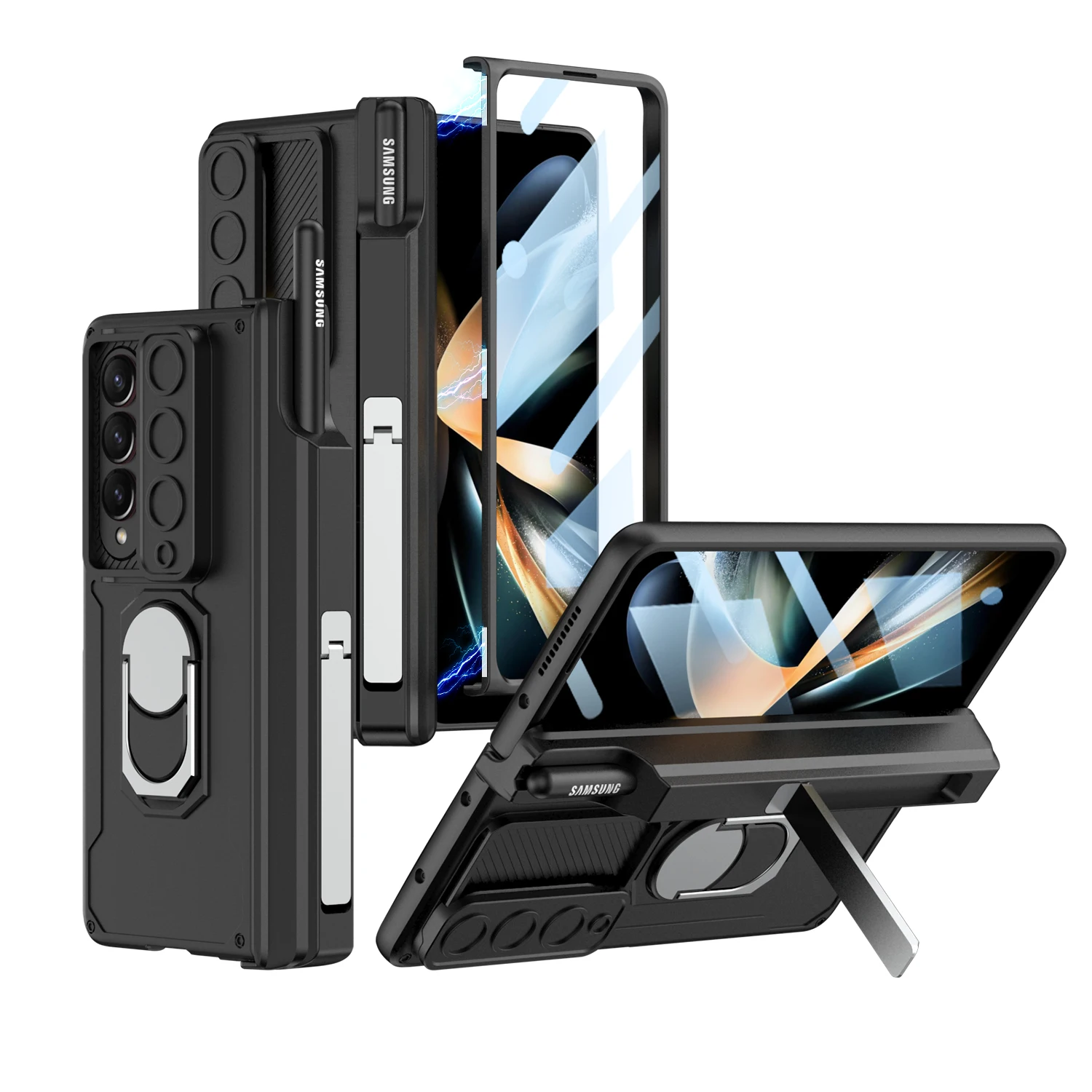

Magnetic Armor Pen Holder Case for Samsung Galaxy Z Fold 4 5G Magnetic Hinged Case with Front Glass 2 Bracket Lens Cap For Fold4