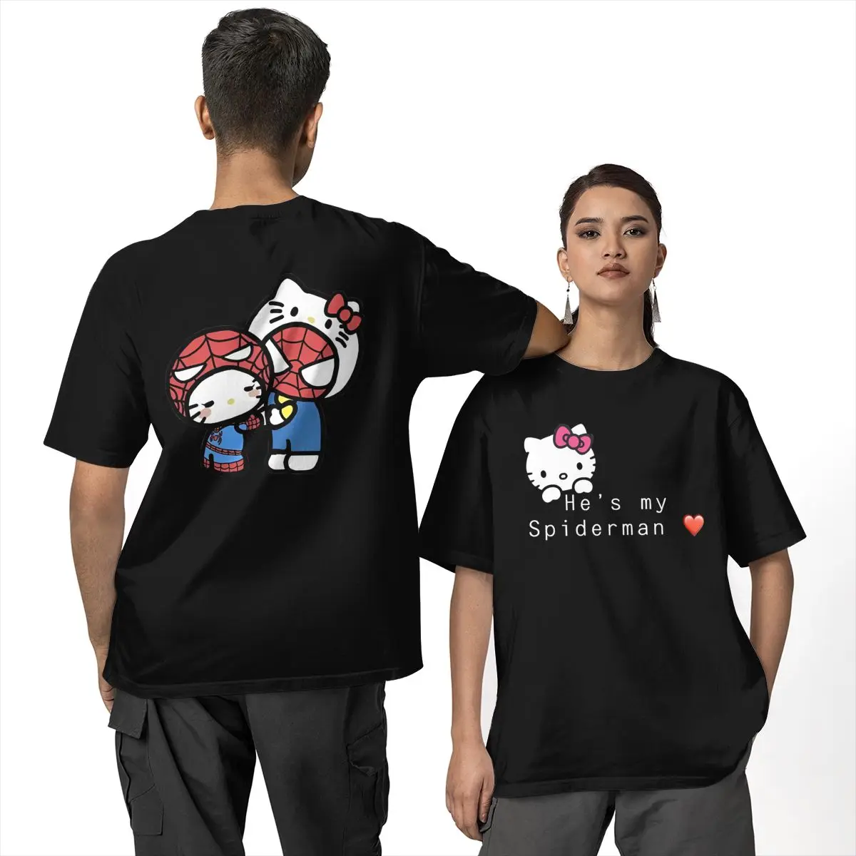 Hello Kitty Spiderman Boyfriend Girlfriend T-Shirts Men Women Pure Cotton Tees Double-Sided Printing T Shirts Couple's Clothes