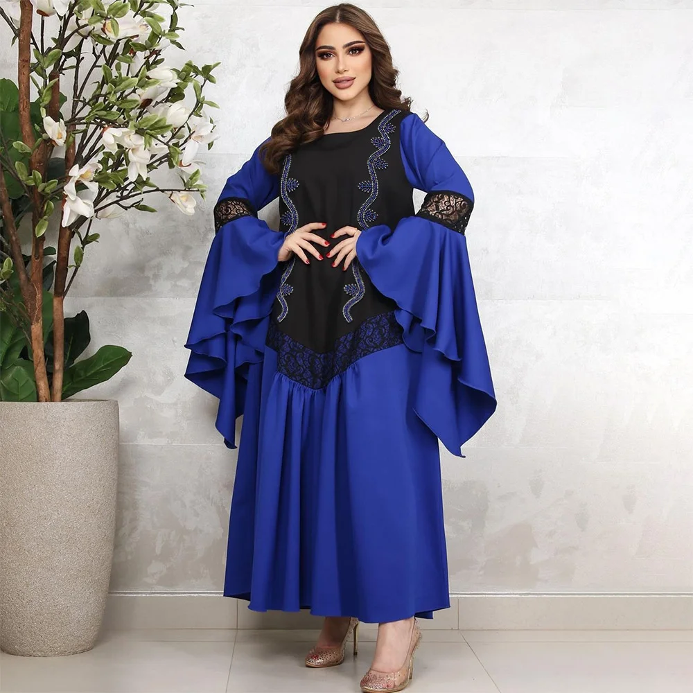 

Long Dress With Pagoda Sleeve Muslin Abaya Dress Diamond Embellished Kaftan Dress Fashion Lace Ruffle Sleeves Dubai Dress