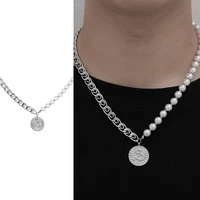 asymmetric imitation pearls link chain coin pendant necklace men luxury stainless steel chain choker necklace for men jewelry
