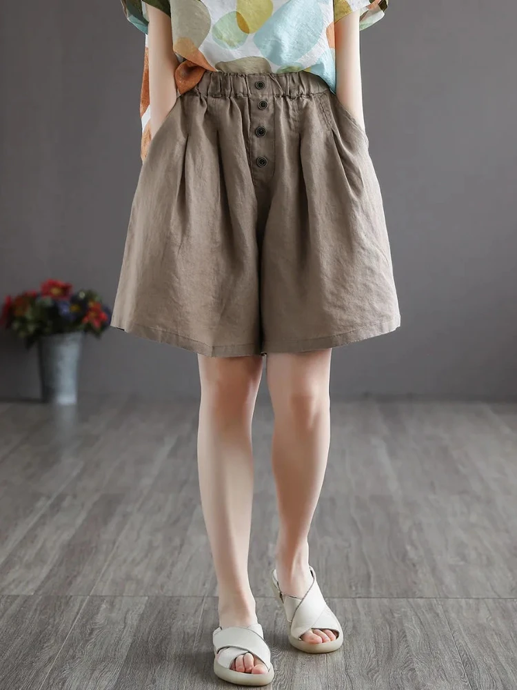 

Literary Retro Shorts Women's Summer Thin Section Loose Thin Button Cotton Linen Wide-leg Pants Casual Five-point