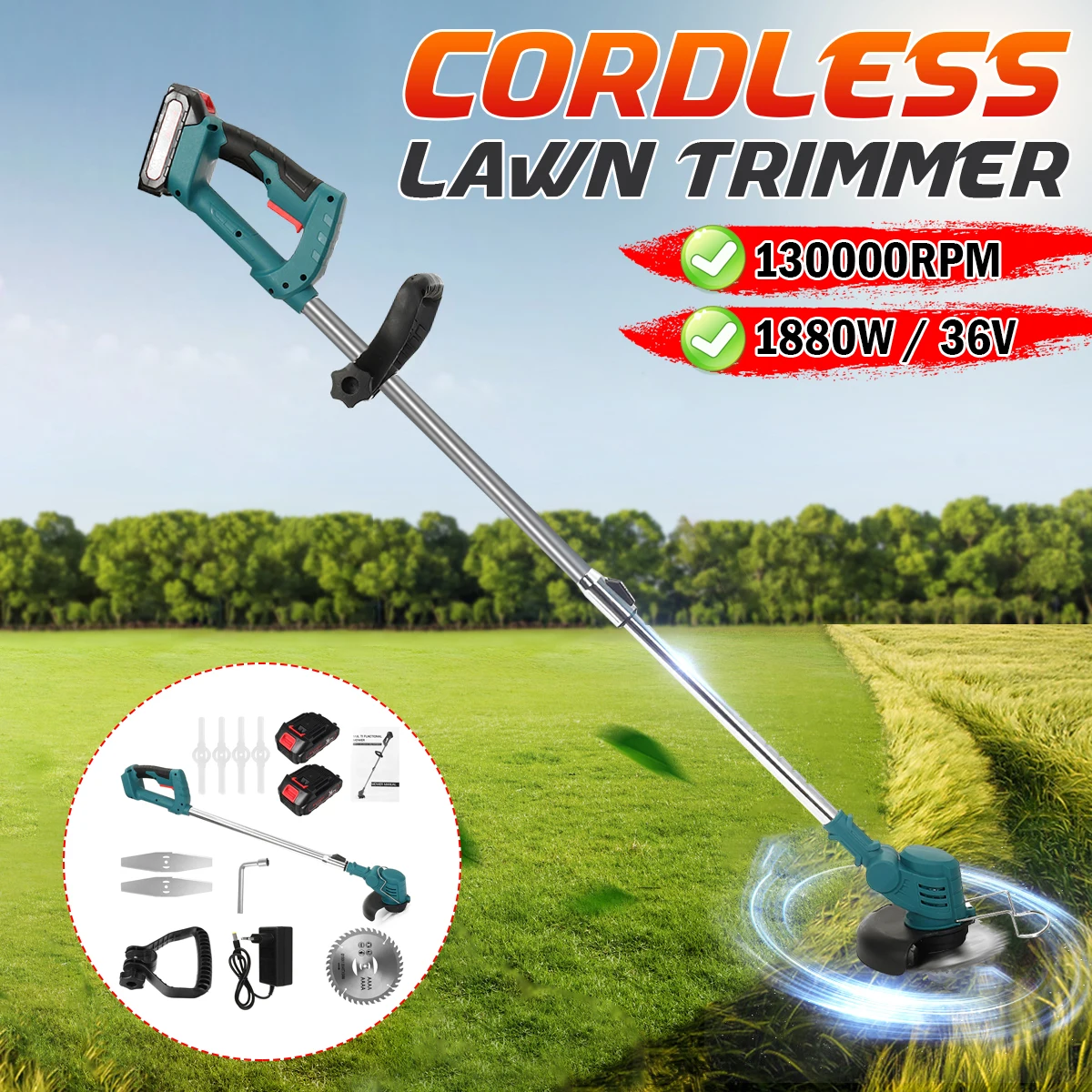 

1800W Electric Grass Trimmer Cordless Lawn Mower Hedge Trimmer Adjustable Handheld Garden Power Pruning for 18V Makita Battery