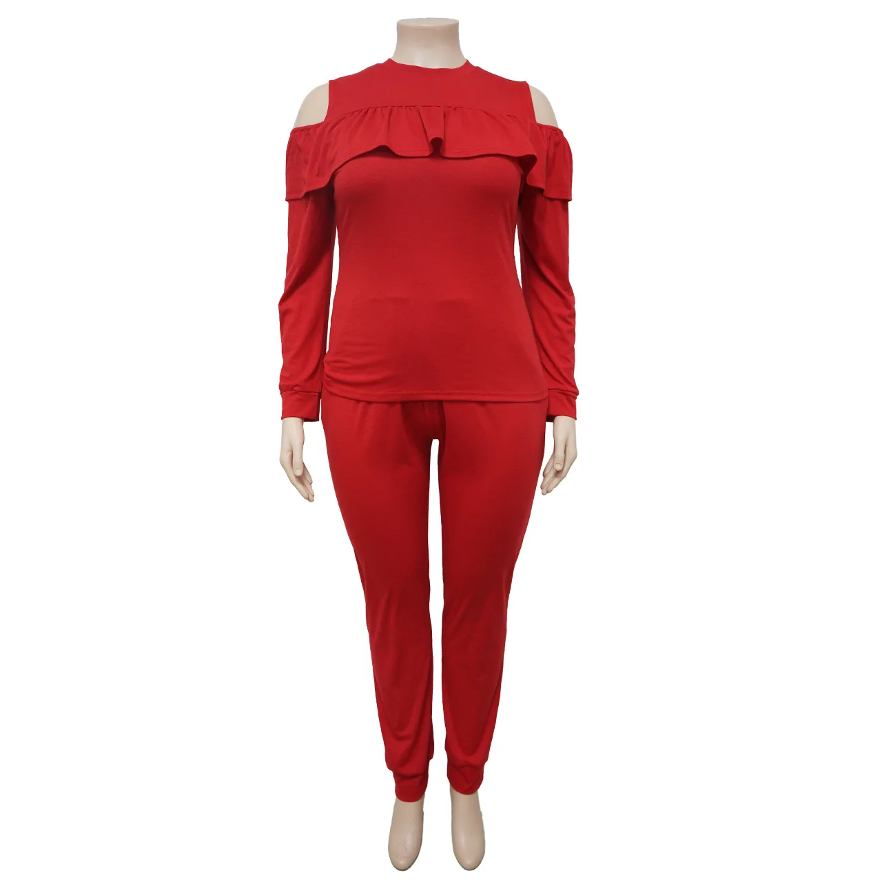 Plus Size Women 4xl Sets Off Shoulder Ruffle Shirt And Pants 2022 Autumn Fashion Two Piece Set Sexy Lady Fall Wholesale Clothes