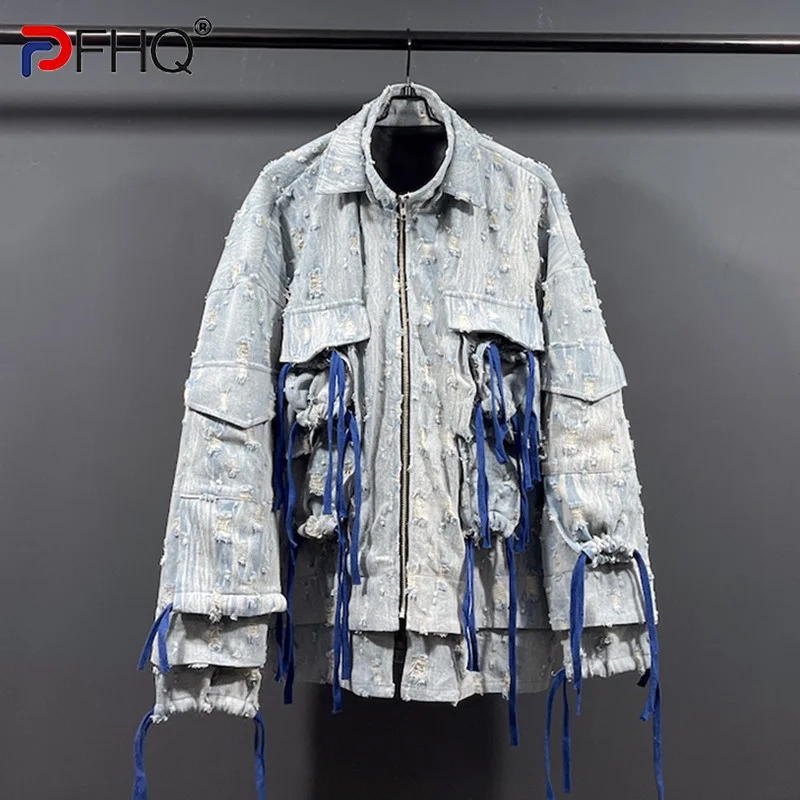 

PFHQ 2023 Elegant Wornout Personality Tassel Men's Jacket High Quality Denim Patched Holes Coat Spring Free Shipping Trendy New