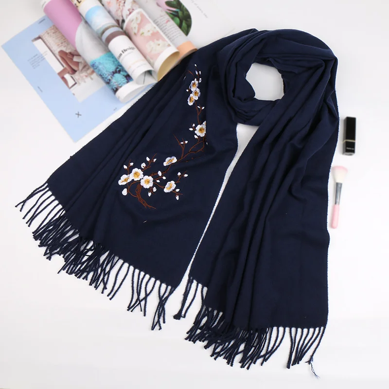 

Solid Embroidered Flower Winter Scarves Woman Warm Cashmere Scarf Winter Female Scarf Women Luxury Tassel Shawl Wrap Neckerchief
