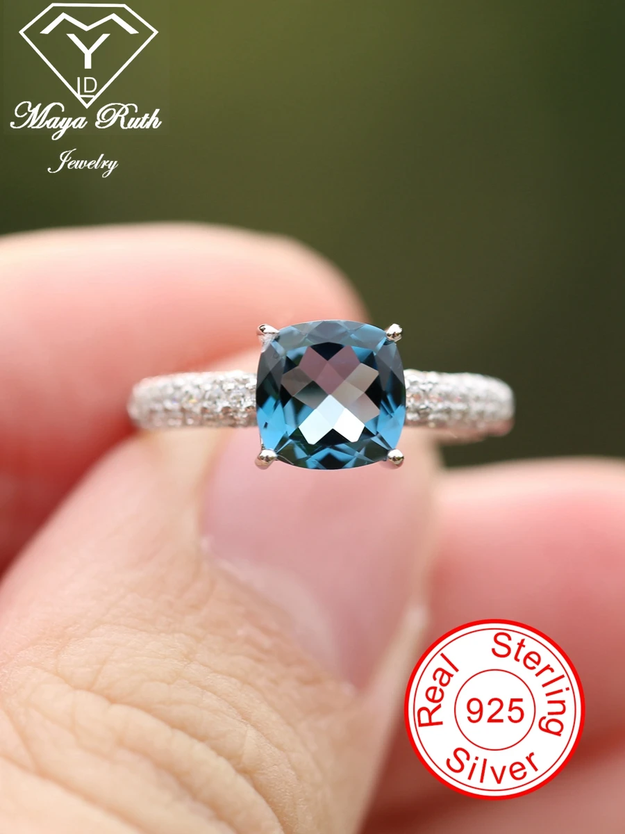 

Natural London Topaz Crystal Halo Ring 925 Sterling Silver Princess Cut Design Party Vintage For Women Retro Unique Gifts