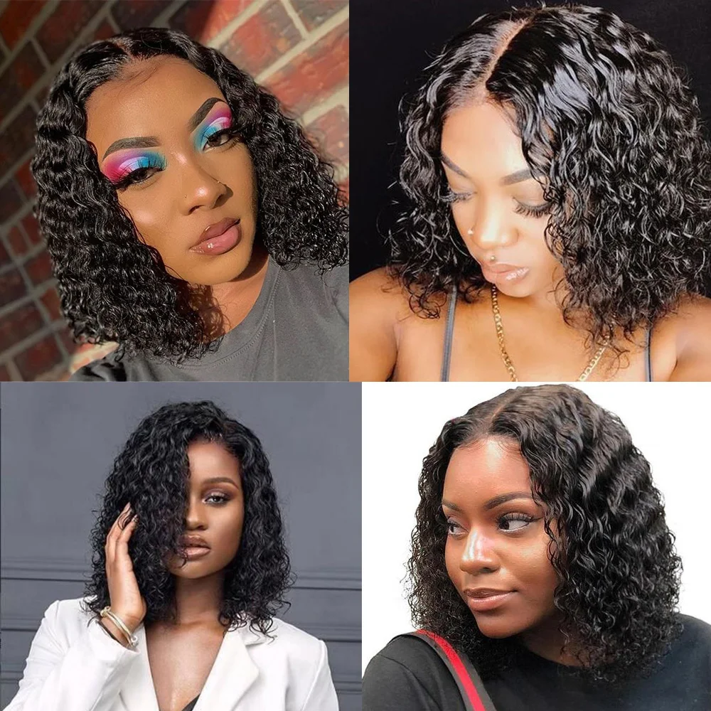 Water Wave Short Bob Lace Front Human Hair Wig 180% Density Malaysian Cheap Wigs For Black Women Glueless Deep Lace T Part Wig