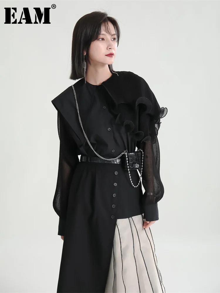 

[EAM] Women Irregular Black Pleated Elegant Blouse New Lapel Long Sleeve Loose Fit Shirt Fashion Tide Spring Autumn 2023 1DE7623