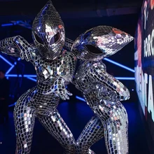 Mirror Sequins Bodysuit Pop Dance Silver Jumpsuit Stage Costume Alien Headgear Nightclub Bar Dancer Festival Rave Outfit 