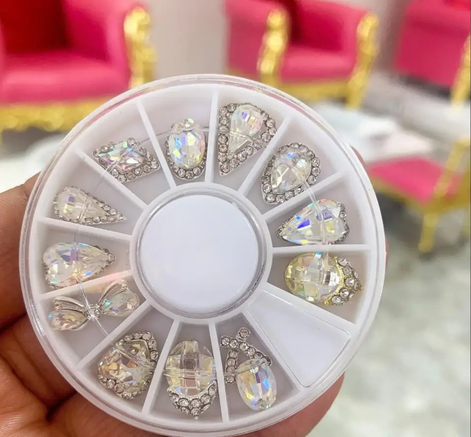

12pcs AB Mixed Large Rhinestone Ribbon Bowtie Square Diamond Crystal Charm Gem Wheel Organizer | 3D Nail Charm Jewelry