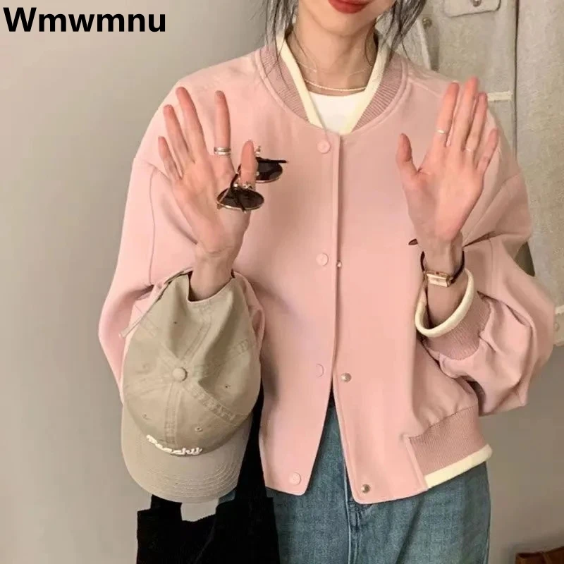 

Korean Fashion Pink Cropped Bomber Jackets Loose Casual Long Sleeve Tops Coats New Streetwear Spring Baseball Women Chaquetas