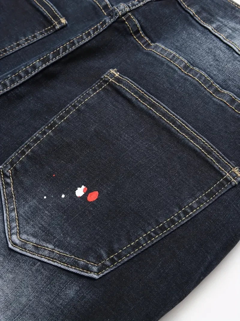 Джинсы мужские Стрейчевые с вышивкой рваные зауженные байкерские джинсы