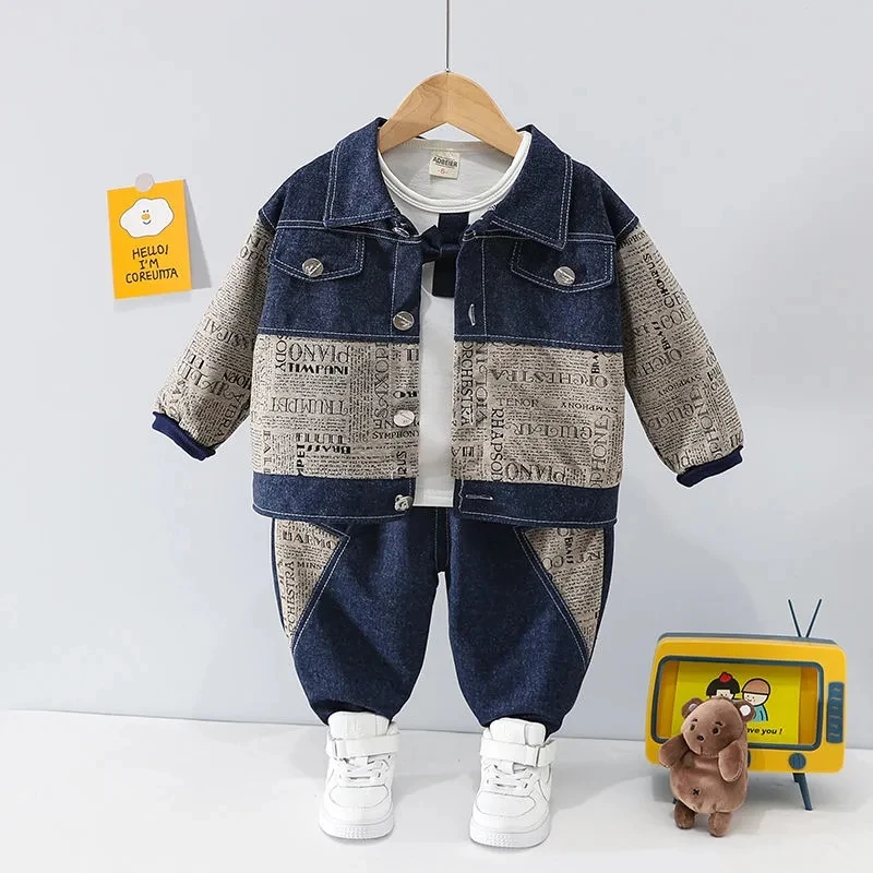 

Baby Boys Clothes Set Infant Boys Tracksuit New Spring Fall Letter Print Jacket + Pullover + Pants 3Pcs Suit Kids Denim Suit