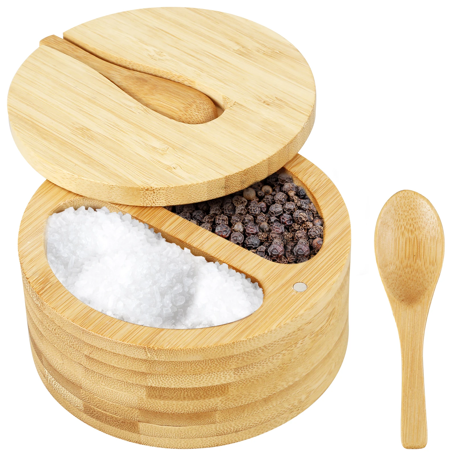 

Salt and Pepper Bowls Bamboo Pepper Salt Box with Swivel Lid 2 Compartments Salt and Pepper Storage Box with Built-in Spoon