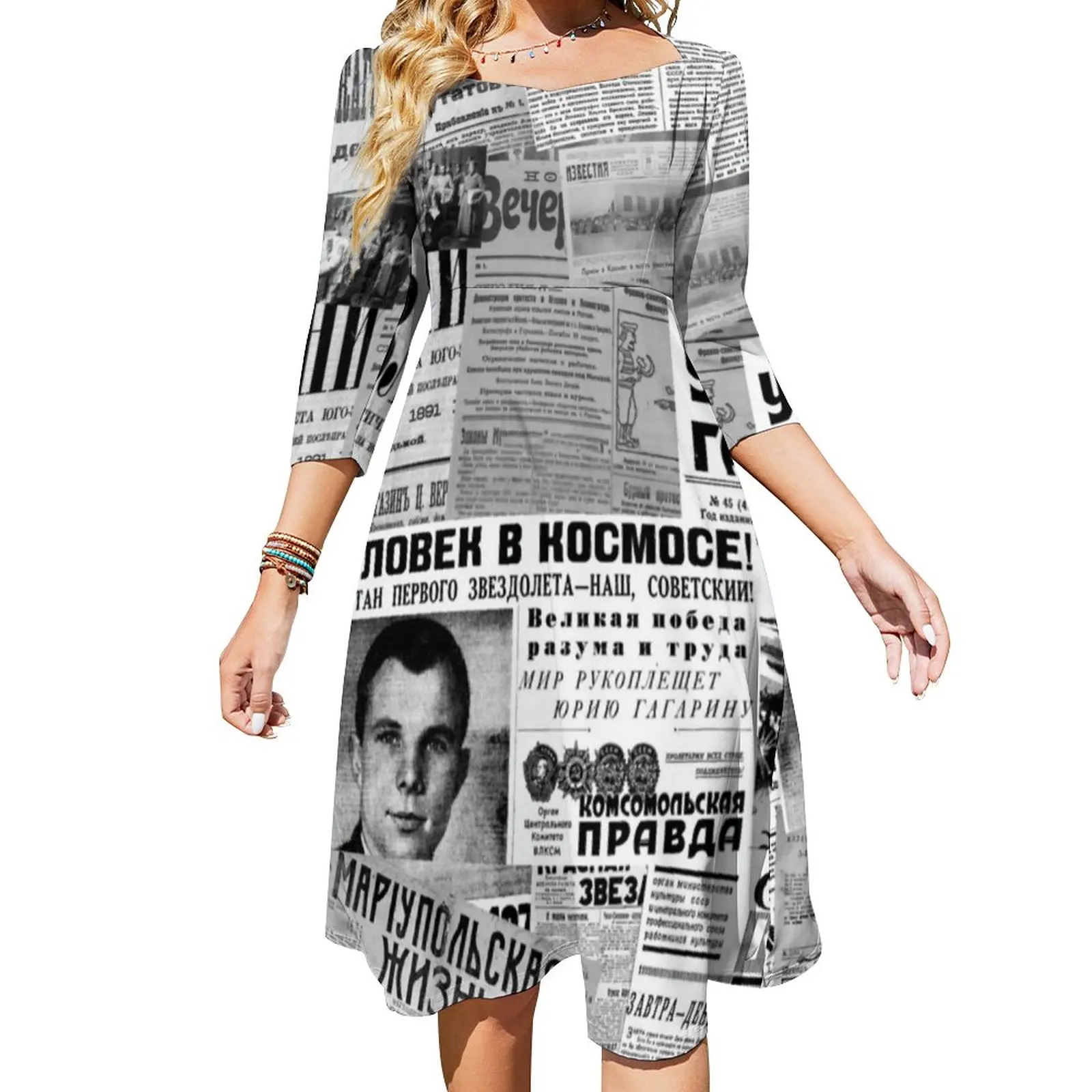 

Повседневное платье в русском стиле, стильные платья с принтом газет и коллажей, привлекательное современное платье, одежда с графическим п...
