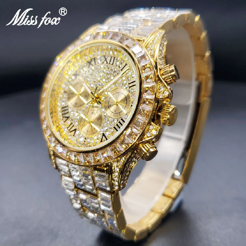 

Luxury Quartz Watches For Male Gold Gem Bezel Diamond Face Waterproof Men's Watch Heavy Expensive Stylish Hand Clock Wholesale