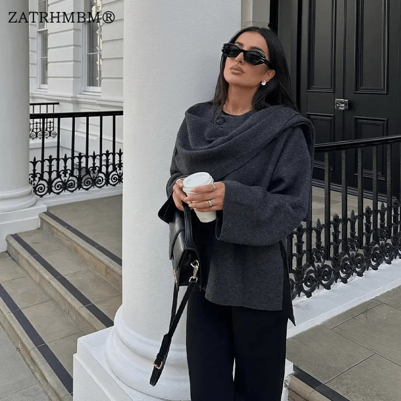 

ZATRHMBM Women 2023 Autumn New Fashion Asymmetric Scarf Knitted Jackets Coat Vintage Long Sleeve Female Outerwear Chic Tops