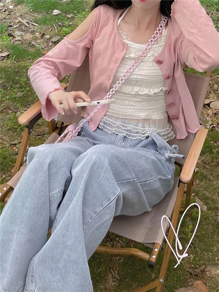 ADAgirl Kawaii Bow Women Jeans Light Blue Wide Leg Oversized Streetwear Pants Korean Style Solid Loose Full Length Trousers 2023