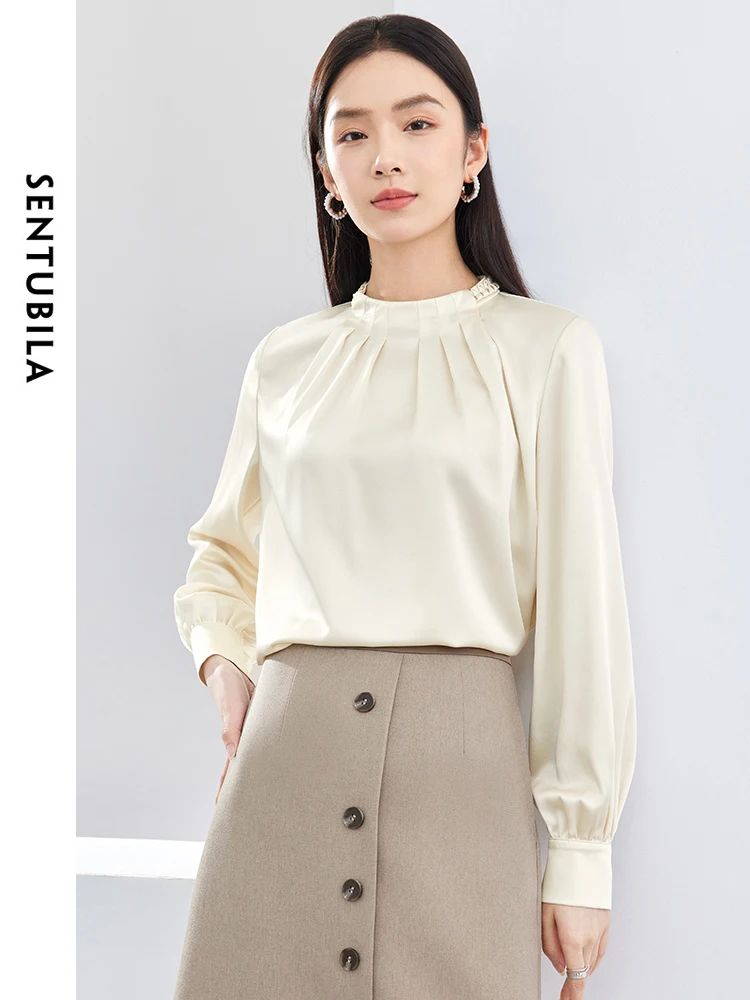 Женская Однотонная рубашка с круглым вырезом длинным рукавом