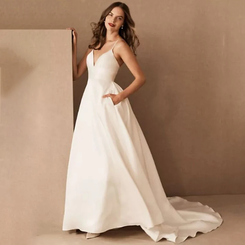 

vestido de noiva simples new V neck satin Spaghetti Straps robe mariee Backless vestidos elegantes para mujer para una boda