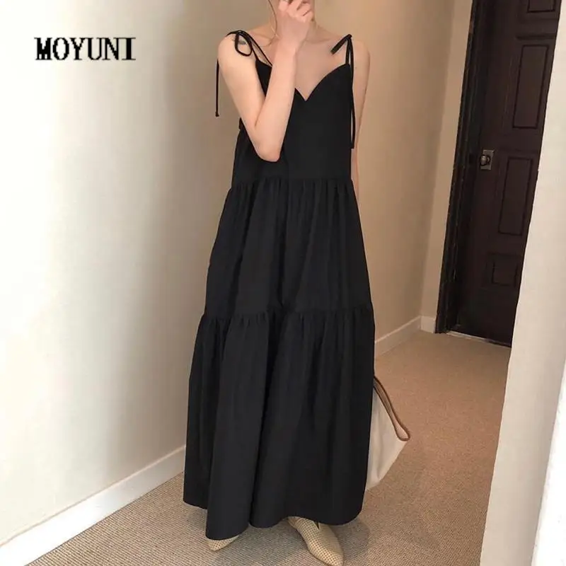 

Korean Chic Minimalism Sexy V Neck Maxi Casual Lace Up Long Suspender Dress Summer Y2k Clothes Robe Khaki Black Grey Sling