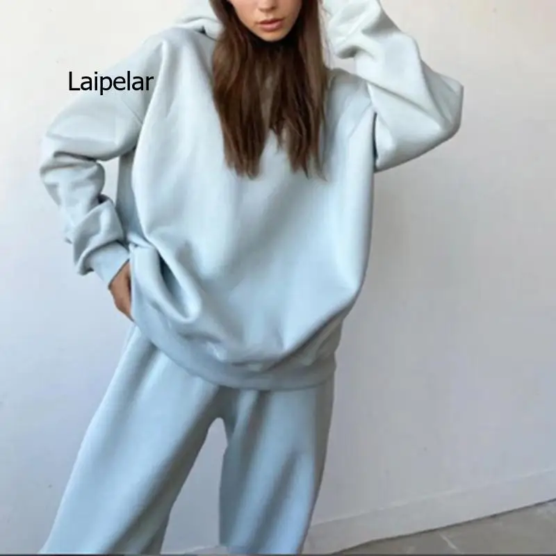 

Thick Hooded Pant Suits Women's Tracksuit Casual Two-piece Loose Sportswear Solid Elegant Pullovers Women Set Autumn Winter
