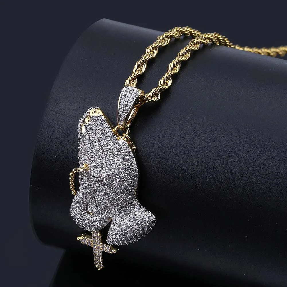 

Praying Hands Cross Pendant Men Necklace Women Gold Silver Hip Hop Glamour Jewelry High Quality Copper Necklace Pop Party Gifts