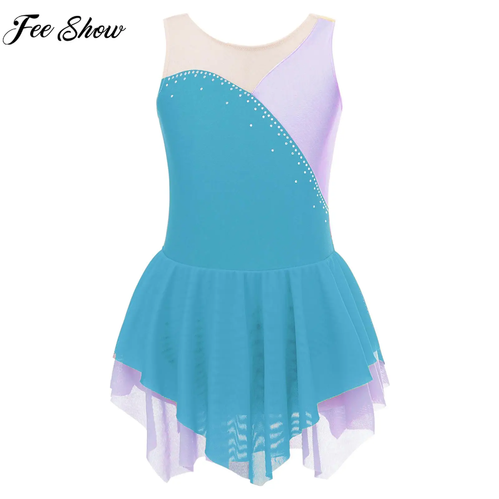 

Teens Girls Ballet Figure Skating Dance Dress Gymnastics Leotard Kids Sleeveless Shiny Rhinestone Sheer Mesh Tutu Dancewear