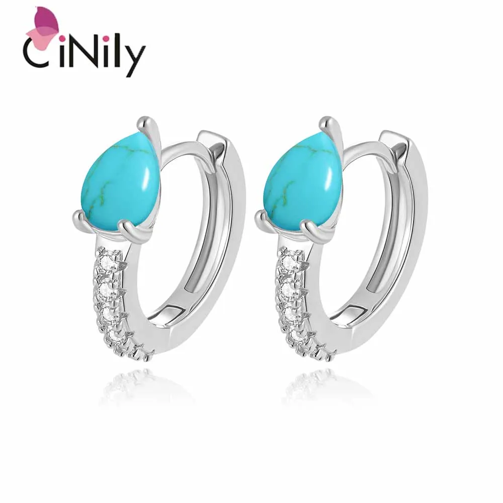 

CiNily Turquoise Small Hoop Earrings With Cubic Zirconia Silver Color Water Drop Shape Earring for Women Wedding Fashion Jewelry